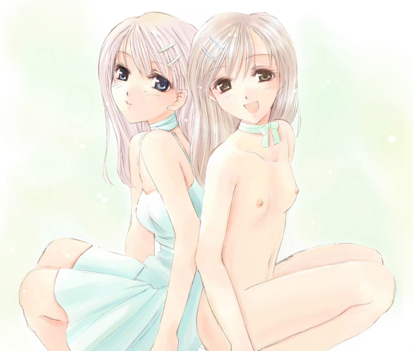 back-to-back blue_eyes brown_eyes brown_hair choker dress flat_chest hair_ornament hairclip long_hair multiple_girls naruse_chisato neck_ribbon nipples nude nude_filter ribbon sundress third-party_edit