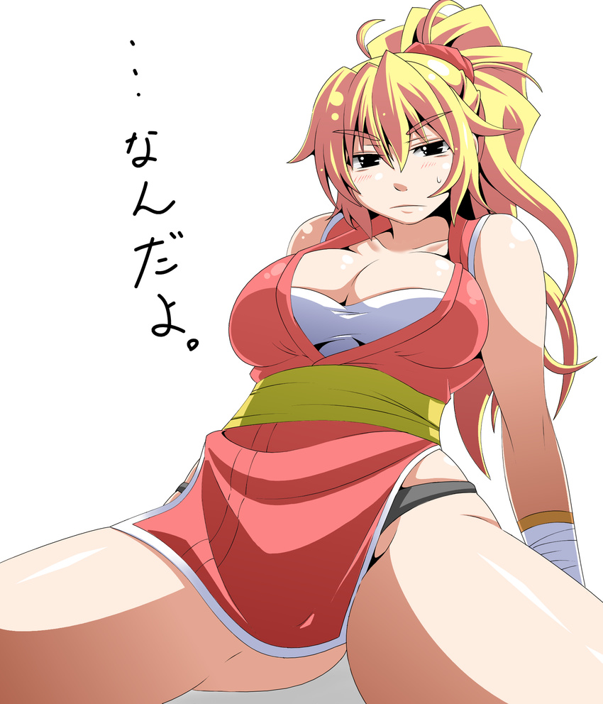 bad_id bad_pixiv_id black_eyes black_panties blonde_hair blush breasts cleavage final_fight frown genryuusai_maki highres japanese_clothes kara_age large_breasts long_hair ninja panties pelvic_curtain ponytail sitting solo spread_legs thighhighs translated underwear