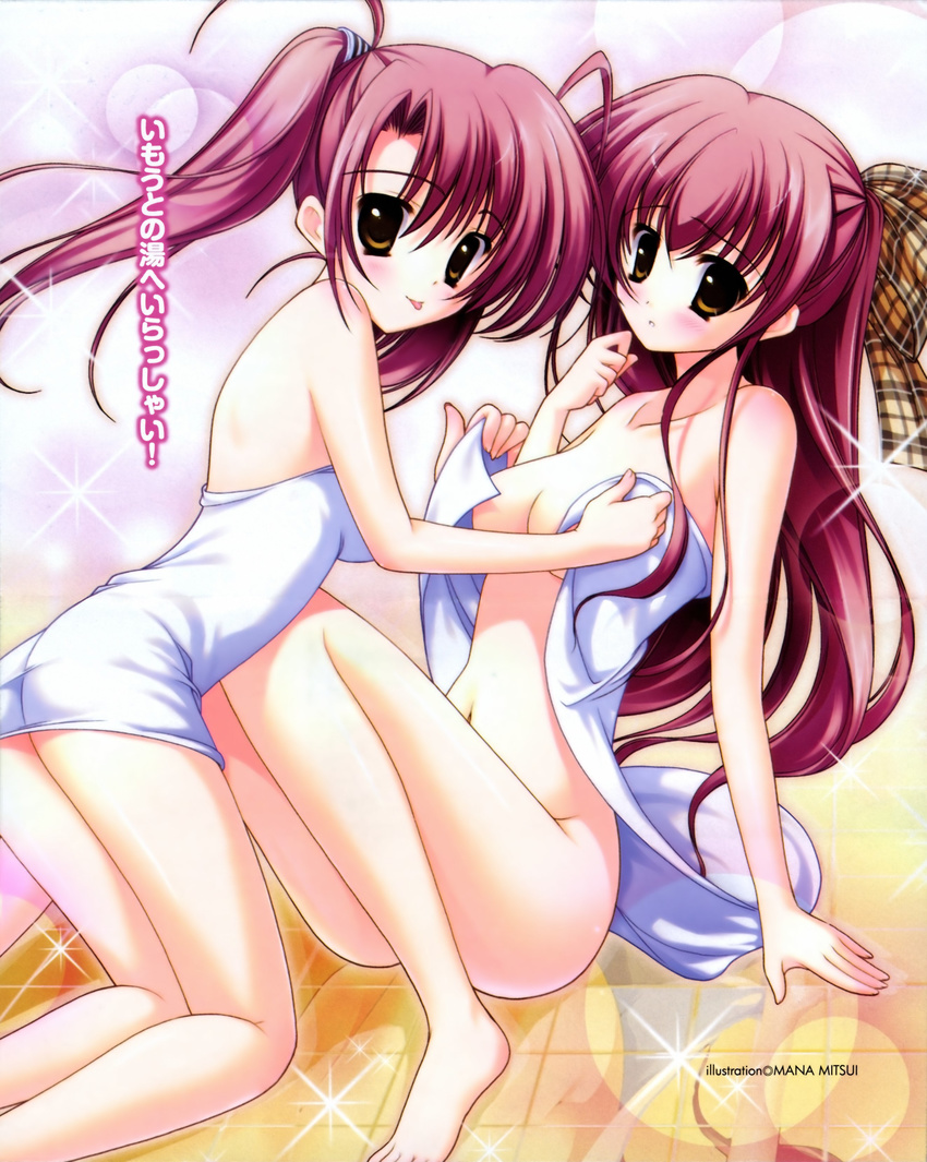 :p absurdres highres imouto_awa_tengoku impossible_towel long_hair mitsui_mana multiple_girls naked_towel open_towel purple_hair siblings tongue tongue_out towel translation_request twins twintails