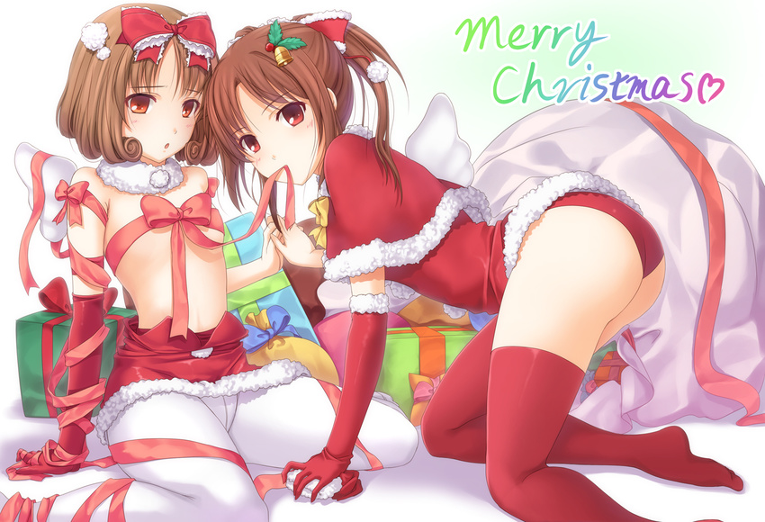 all_fours arm_support ass bow brown_hair chobipero christmas crotch_seam elbow_gloves gloves hair_bow holding_hands interlocked_fingers mouth_hold multiple_girls naked_ribbon original panties panties_under_pantyhose pantyhose red_eyes red_gloves ribbon ribbon_in_mouth santa_costume thighhighs topless underwear white_legwear