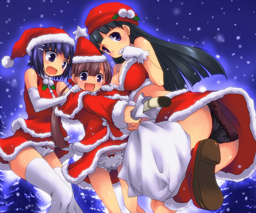 ass bad_id bad_pixiv_id black_hair black_panties blue_eyes blue_hair bow bow_panties brown_hair bustier christmas hat hisakawa_chin ichinose_hinano ichinose_ichino ichinose_satsukino lingerie long_hair midriff multiple_girls panties santa_costume santa_hat short_hair snow tail thighhighs tonnura tonnura-san twintails underwear white_panties