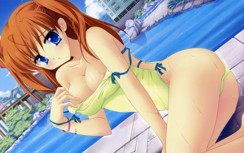 absurdres blue_eyes braid breasts brown_hair cleavage highres honeycoming_royalsweet kamijou_asahi matsushita_makako medium_breasts one-piece_swimsuit rakko_(makarakko) ribbon side_braid solo swimsuit wet