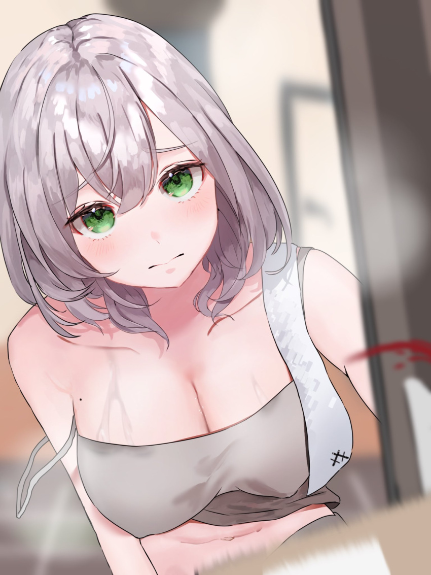 1girl blood blush box breasts cleavage closed_mouth collarbone commentary frown green_eyes grey_hair hair_between_eyes hair_over_shoulder highres holding holding_box hololive kashio_(92984798) large_breasts looking_at_viewer medium_hair midriff mole mole_on_breast navel nosebleed opening_door parted_hair polka_dot shirogane_noel single_off_shoulder solo spaghetti_strap standing tank_top towel upper_body virtual_youtuber wavy_hair