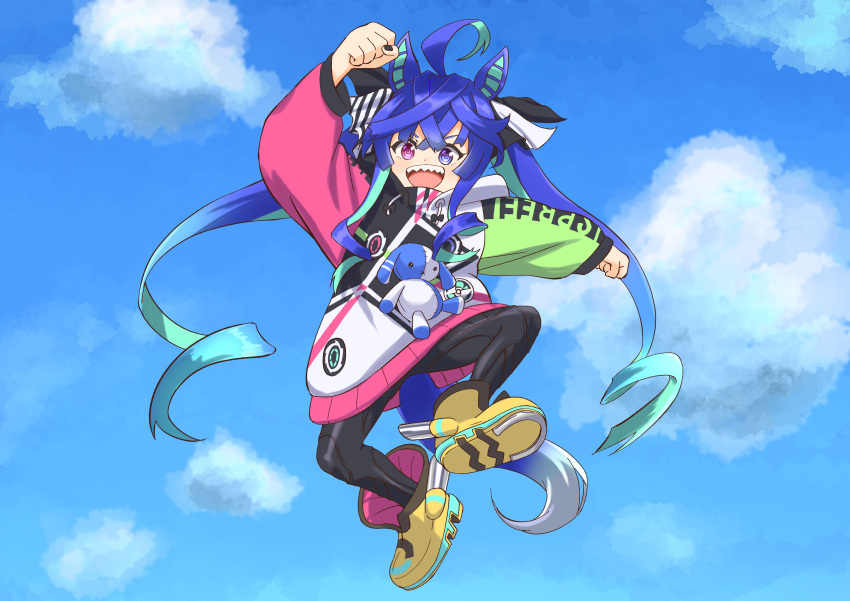 1girl :d @_@ absurdres ahoge animal_ears aqua_hair arm_up black_leggings black_nails blue_eyes blue_hair blue_sky boots bow clenched_hands clothes_writing cloud commentary_request crossed_bangs drawstring full_body gundam hair_bow heterochromia highres hood hoodie horse_ears horse_girl horse_tail imasogari jumping leggings long_hair long_sleeves looking_at_viewer multicolored_clothes multicolored_hair multicolored_hoodie nail_polish outstretched_arm parody partial_commentary purple_eyes raised_fist sharp_teeth sidelocks sky smile solo striped striped_bow stuffed_animal stuffed_rabbit stuffed_toy tail teeth twin_turbo_(umamusume) twintails two-tone_hair umamusume upper_teeth_only victory_gundam yellow_footwear