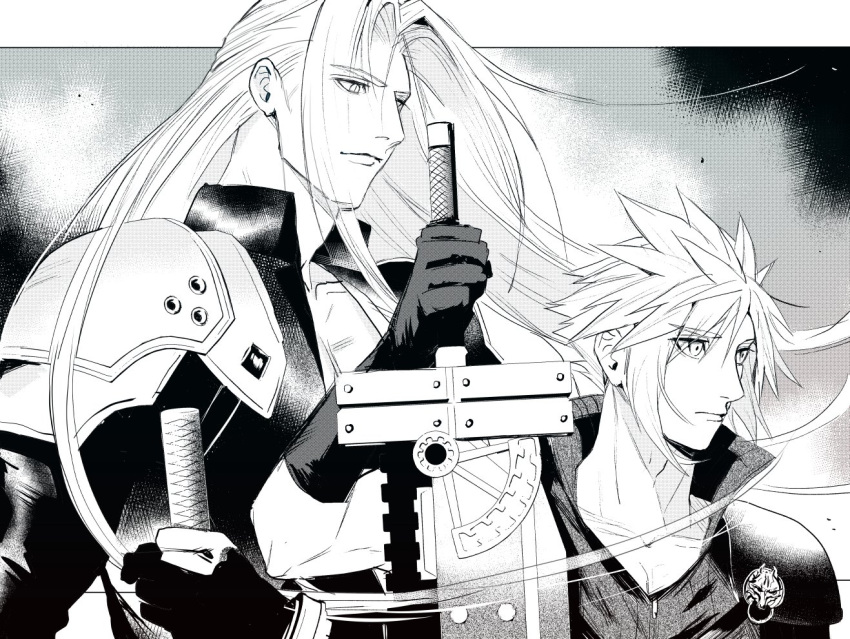 2boys armor black_coat black_gloves cloud_strife coat final_fantasy final_fantasy_vii gloves greyscale hand_up high_collar holding holding_sword holding_weapon jjn_ff7 katana long_hair looking_down looking_to_the_side male_focus monochrome multiple_boys outdoors parted_bangs pauldrons screentones sephiroth serious short_hair shoulder_armor slit_pupils spiked_hair sword upper_body weapon wind
