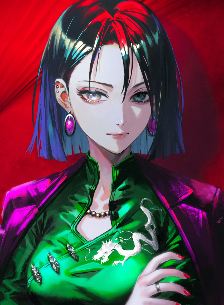 1girl absurdres black_hair china_dress chinese_clothes closed_mouth dress ear_piercing highres jacket jewelry multicolored_hair nababa nail_polish necklace original piercing purple_jacket ring short_hair