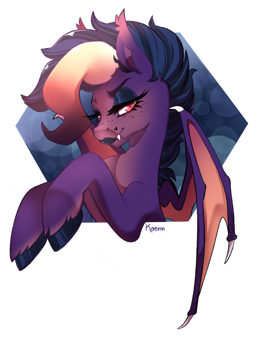 absurd_res bat_pony bea_(oc) beatrice_(oc) black_eyeshadow black_hair blonde_hair equid eyeshadow fangs freckles fur hair hasbro hi_res hooves kaenn lips looking_at_viewer makeup mammal membrane_(anatomy) membranous_wings my_little_pony portrait purple_body purple_fur red_eyes slit_pupilc solo teeth thick_lips wings