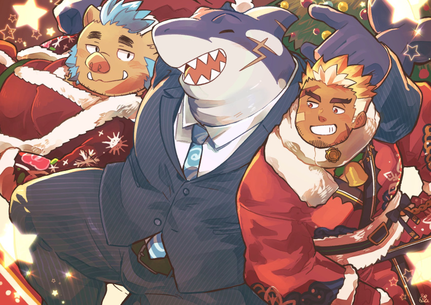 arm_on_another's_shoulder bara bell belt blue_necktie boar_boy christmas christmas_tree closed_eyes furry furry_male ganglie_(housamo) highres looking_at_another looking_down multiple_scars necktie pants pinstripe_pants pinstripe_pattern pinstripe_suit santa_costume sawch_cls scar scar_on_face shark_boy shark_fin shirt smile star_(symbol) striped suit tokyo_afterschool_summoners tusks typhon_(housamo) ulaanbaatar_(housamo) white_shirt