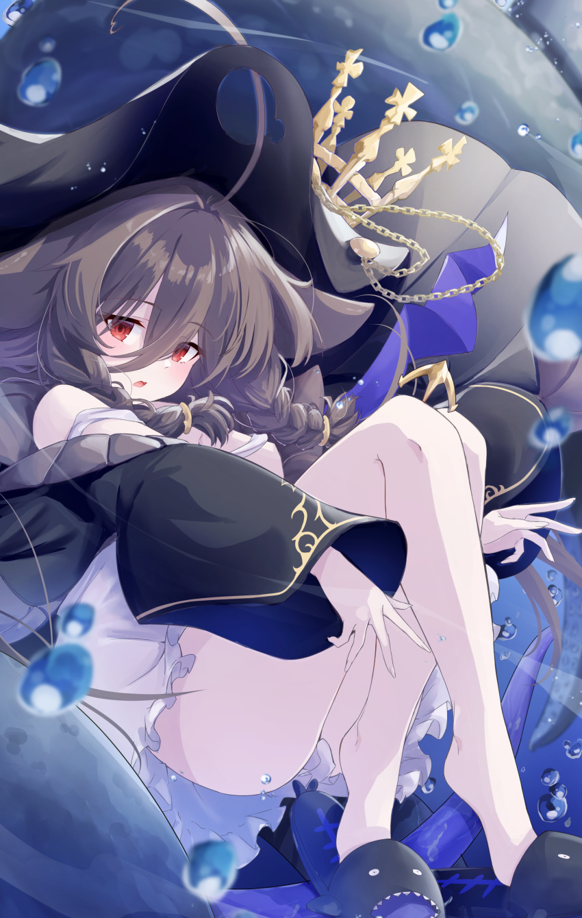 1girl absurdres ahoge ass azur_lane bare_shoulders black_coat black_hair braid bubble coat commentary_request crown dress hair_between_eyes hat highres huge_ahoge leer.meer legs long_hair long_sleeves looking_at_viewer off_shoulder open_mouth pirate_hat red_eyes shark_slippers slippers solo tentacles thighs twin_braids underwater very_long_hair white_dress whydah_(azur_lane)