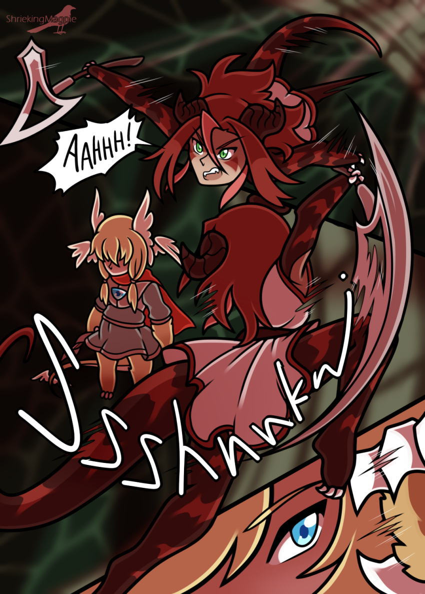 axe blonde_hair blue_eyes clawed_feet clawed_hands comic dialogue duo english_text facial_markings green_eyes hair head_markings head_wings hi_res horn horned_humanoid humanoid inside male markings monster_girl_(genre) red_hair shriekingmagpie simple_background tail text winged_humanoid wings