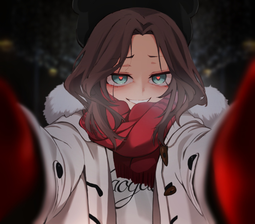 1girl aqua_eyes blush brown_hair coat fur_trim gloves grin heart heart-shaped_pupils highres hololive kukie-nyan long_hair looking_at_viewer natsuiro_matsuri red_gloves scarf smile solo symbol-shaped_pupils virtual_youtuber winter_clothes winter_coat