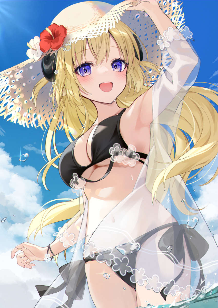 1girl absurdres alternate_costume arm_up armpits bikini black_bikini black_horns blonde_hair blue_eyes blue_sky breasts cloud commentary_request cowboy_shot day flower fuyoyo hat hat_flower highres hololive horns large_breasts long_hair looking_at_viewer open_mouth outdoors sky smile solo straw_hat swimsuit tareme tsunomaki_watame virtual_youtuber water wet