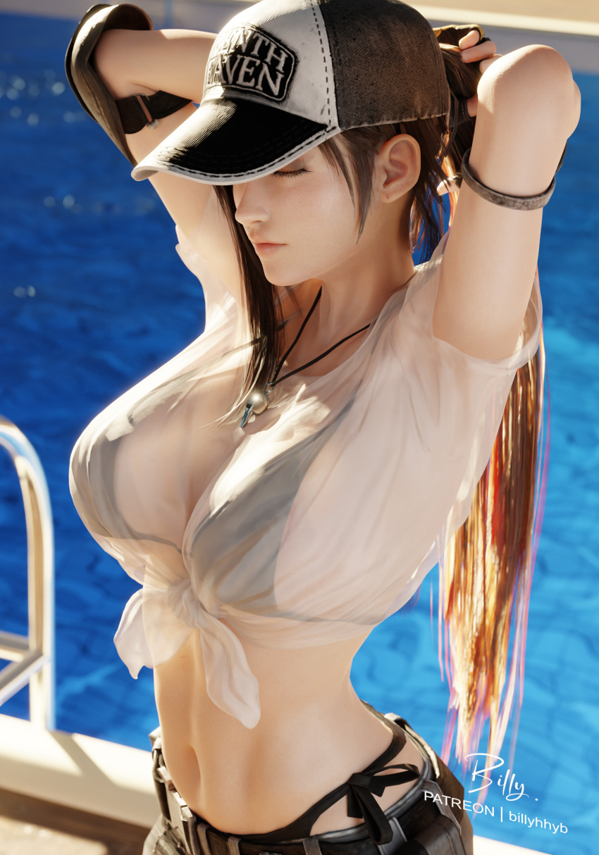 1girl adjusting_hair armlet arms_up belt bikini bikini_under_clothes billyhhyb black_bikini black_hair breasts cleavage closed_eyes crop_top elbow_pads final_fantasy final_fantasy_vii final_fantasy_vii_ever_crisis fingerless_gloves front-tie_top gloves hat highres navel official_alternate_costume ponytail pool poolside see-through see-through_cleavage see-through_shirt shirt side-tie_bikini_bottom single_elbow_pad skirt solo stomach swimsuit tifa_lockhart tifa_lockhart_(lifeguard) wet wet_clothes wet_shirt whistle whistle_around_neck