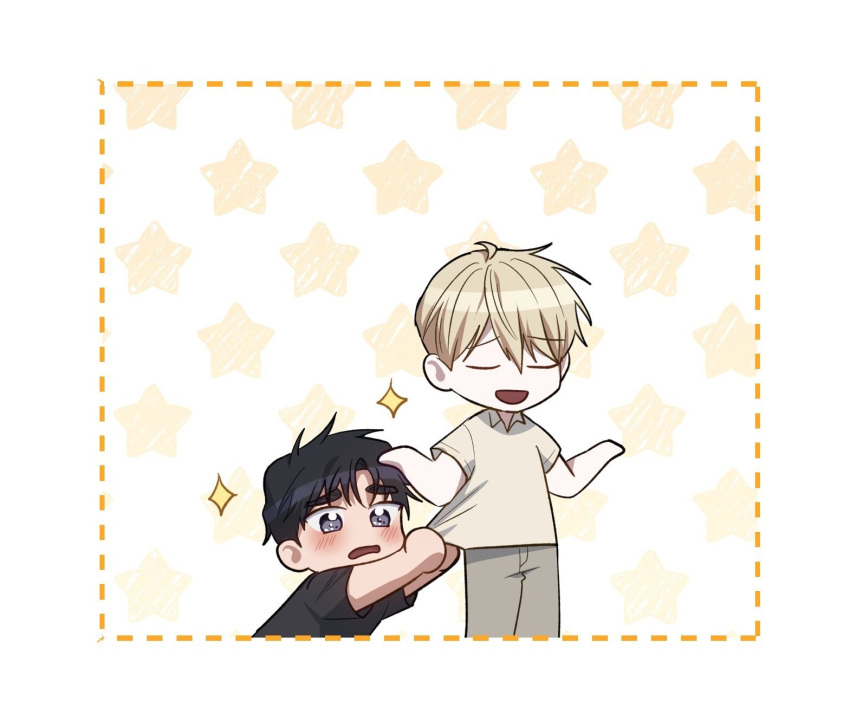 2boys black_hair black_shirt blonde_hair blue_eyes blush border chibi closed_eyes clothes_pull collared_shirt highres korean_commentary lee_seok-joon male_focus multiple_boys o_ssion open_mouth pleading_eyes shirt shirt_pull short_sleeves shrugging star_(symbol) starry_background swim_in_the_scent white_border yea_ji-hoo