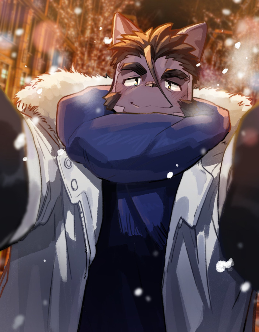 1boy animal_ears bara beard black_gloves blue_scarf blush cat_boy cat_ears commentary facial_hair gloves highres jacket live_a_hero looking_at_viewer male_focus scarf smile snow symbol-only_commentary syukapong thick_eyebrows tsuneaki_(live_a_hero) upper_body white_jacket