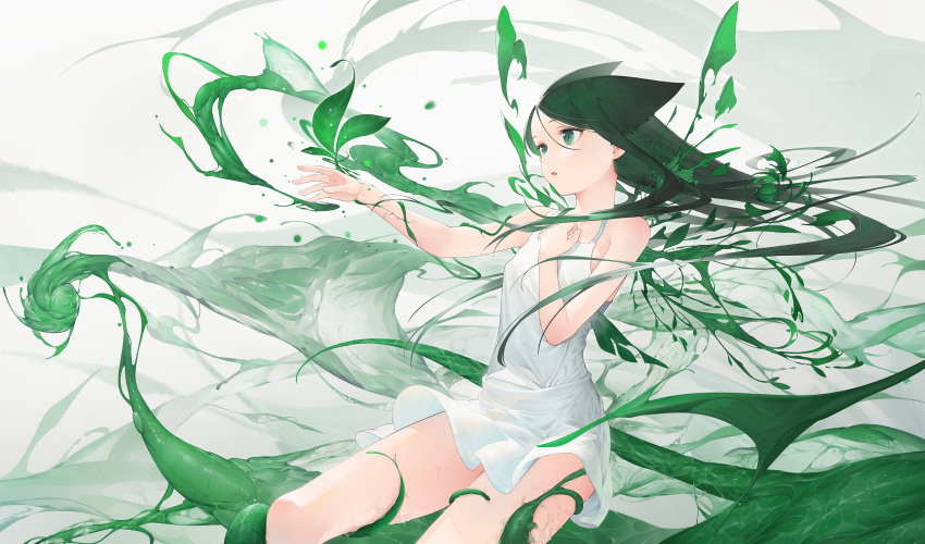 1girl absurdres bare_arms bare_shoulders breasts cg_(2686805355) commentary dress floating_hair green_eyes green_hair grey_background hair_between_eyes hand_up highres long_hair parted_bangs parted_lips saya_(saya_no_uta) saya_no_uta simple_background sleeveless sleeveless_dress small_breasts solo very_long_hair white_dress