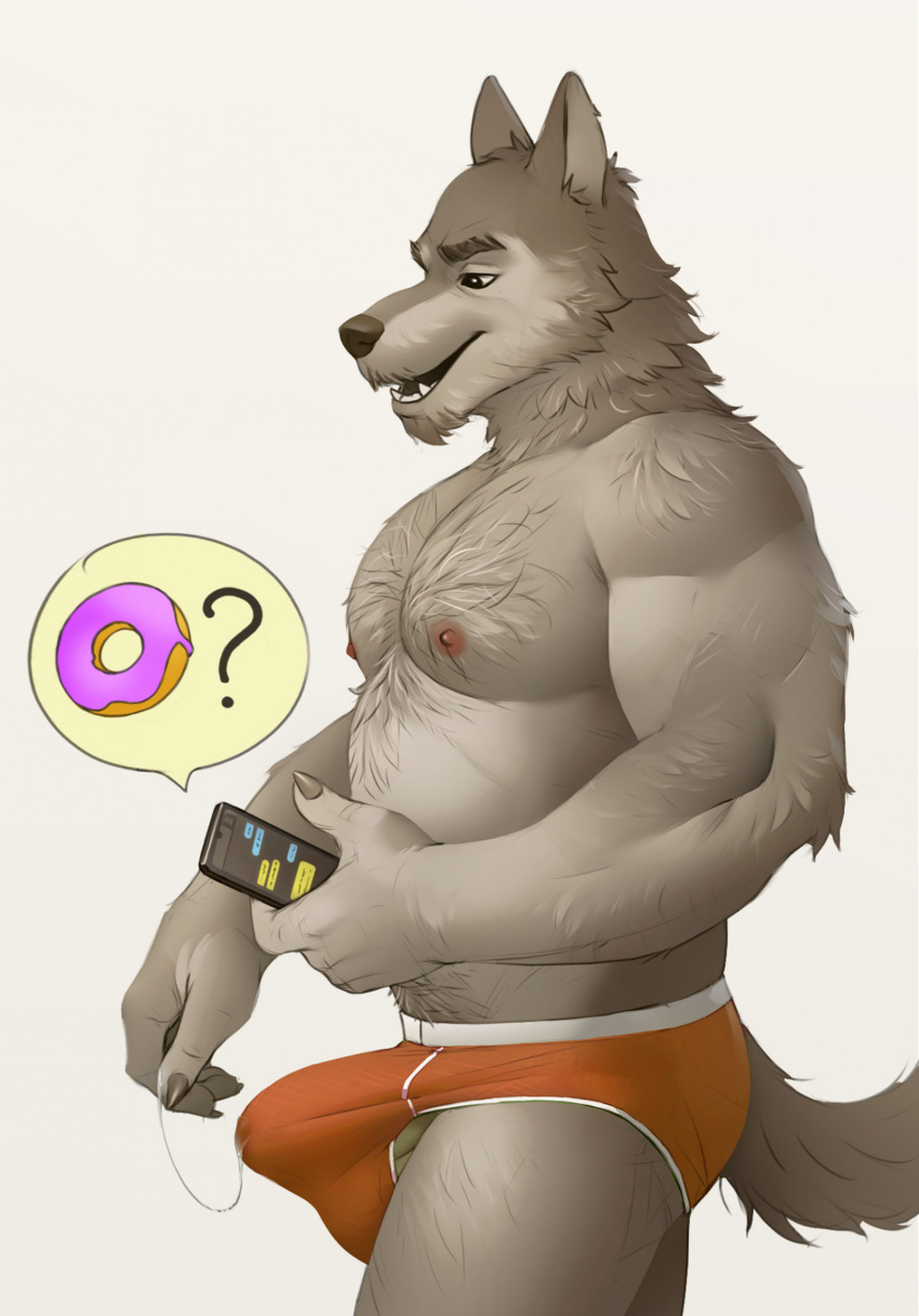 2023 anthro arm_tuft belly_hair biceps bodily_fluids body_hair briefs briefs_only bulge canid canine canis cellphone chest_hair clothed clothing dessert doughnut elbow_tuft erection erection_under_clothing food genital_fluids hi_res highpups holding_cellphone holding_object holding_phone holding_smartphone leg_hair male mammal manly mature_male muscular nipples pecs phone precum precum_string red_briefs red_clothing red_underwear shoulder_hair simple_background smartphone solo standing texting topless triceps tuft underwear underwear_only white_background wolf