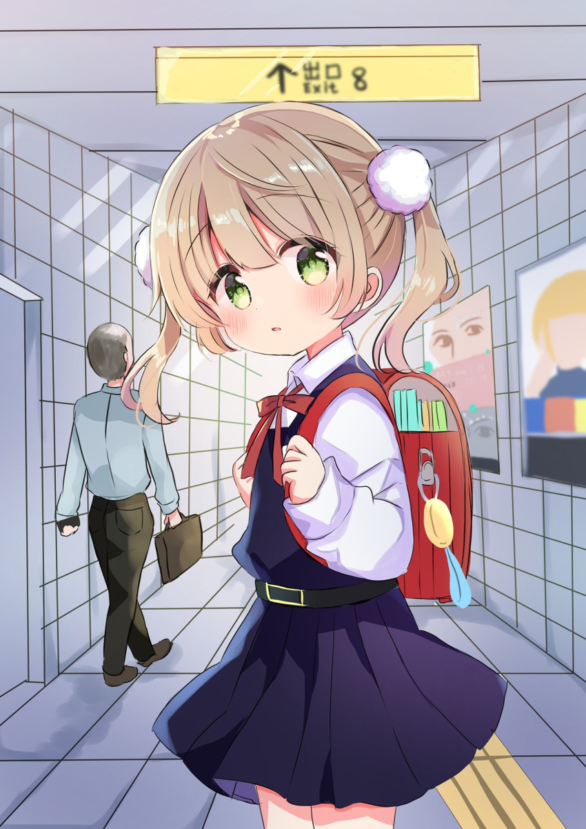 1boy 1girl aged_down backpack bag belt blue_dress blush briefcase brown_hair child commentary_request crime_prevention_buzzer dress from_side green_eyes hair_ornament hallway highres indie_virtual_youtuber long_hair looking_at_viewer nanami_ayane_(kusunoki5050) pants pinafore_dress pom_pom_(clothes) pom_pom_hair_ornament randoseru school_uniform shigure_ui_(vtuber) shirt shukusei!!_loli-gami_requiem sleeveless sleeveless_dress the_exit_8 twintails white_shirt