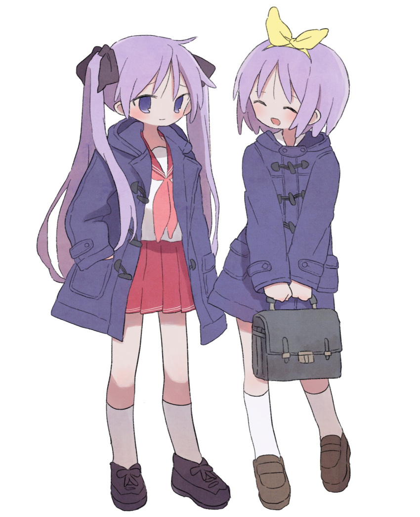 2girls bag blue_eyes blue_jacket bow brown_footwear closed_eyes closed_mouth double_horizontal_stripe full_body grey_bag hair_bow hairband hand_in_pocket highres hiiragi_kagami hiiragi_tsukasa holding holding_bag jacket light_blush light_smile loafers long_hair long_sleeves looking_at_viewer lucky_star medium_hair miniskirt multiple_girls neckerchief open_clothes open_jacket open_mouth parted_bangs pink_neckerchief pleated_skirt purple_bow purple_hair red_sailor_collar red_skirt ri_(qrcode) ryouou_school_uniform sailor_collar school_bag school_uniform shirt shoes simple_background skirt smile socks standing straight_hair tsurime twintails very_long_hair white_background white_shirt white_socks yellow_bow yellow_hairband