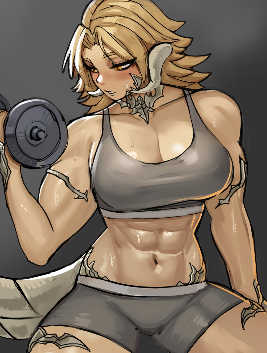 1girl abs absurdres arm_at_side bare_shoulders biceps blonde_hair breasts cleavage commentary commission copyright_request cowboy_shot dumbbell english_commentary exercise ezzydraws flipped_hair grey_background grey_shorts grey_sports_bra half-closed_eyes highres horns large_breasts looking_to_the_side midriff muscular muscular_female navel orange_eyes parted_lips shiny_skin short_shorts shorts simple_background solo sports_bra stomach sweat weightlifting