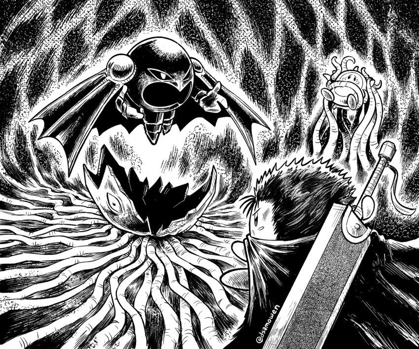 bad_id bad_twitter_id berserk cape cosplay dragonslayer_(sword) femto_(berserk) femto_(berserk)_(cosplay) greyscale guts_(berserk) guts_(berserk)_(cosplay) hatching_(texture) highres inactive_account kirby kirby_(series) linear_hatching meta_knight miura_kentarou_(style) monochrome sam_o spiked_hair sword sword_on_back tentacles waddle_dee weapon weapon_on_back