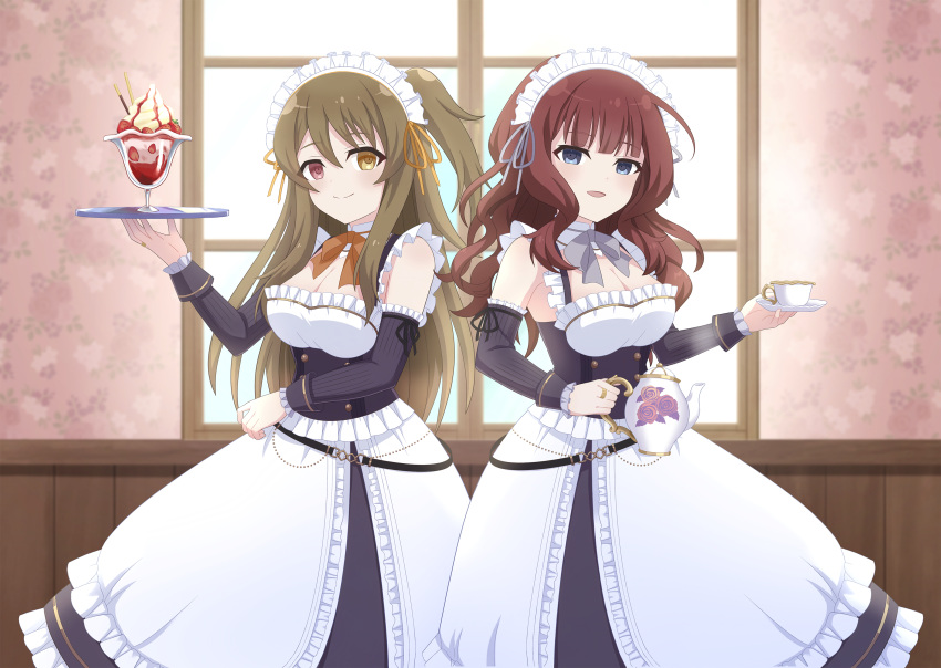 2girls absurdres apron assault_lily black_dress black_ribbon blue_eyes blunt_bangs blurry blurry_background bow bowtie breasts brown_hair cleavage closed_mouth commentary_request cowboy_shot cup day detached_sleeves dress food frilled_apron frilled_dress frilled_sleeves frills fruit grey_bow grey_bowtie grey_ribbon hair_between_eyes hair_ribbon hands_up heterochromia highres holding holding_saucer holding_teapot holding_tray ice_cream indoors jewelry kaede_johan_nouvel kuo_shenlin large_breasts light_blush long_dress long_hair long_sleeves looking_at_viewer maid maid_headdress multiple_girls official_alternate_costume one_side_up orange_bow orange_bowtie orange_ribbon parted_lips piatin red_eyes ribbed_sleeves ribbon ring saucer sleeve_ribbon sleeveless sleeveless_dress smile standing strawberry sundae teacup teapot tray wavy_hair white_apron window yellow_eyes
