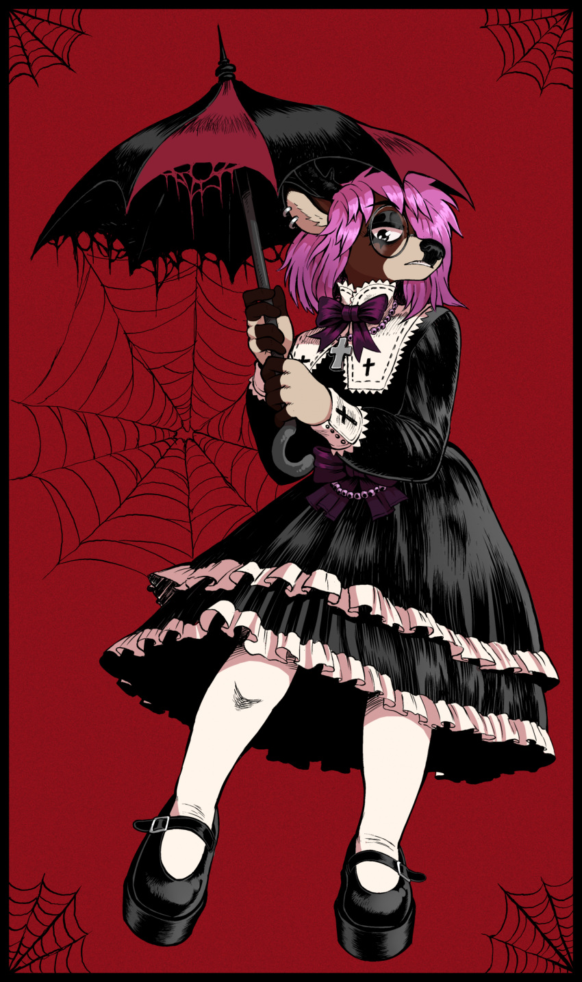 absurd_res anthro black_border border clothing deer dress ear_piercing ear_ring eyewear female glasses goth gothic_lolita gutter-bunny hair half-closed_eyes hi_res legwear lolita_(fashion) mammal narrowed_eyes new_world_deer piercing pink_hair red_background ring_piercing simple_background solo stockings umbrella white-tailed_deer