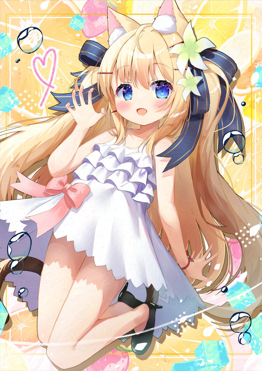 1girl :d animal_ear_fluff animal_ears bare_arms bare_shoulders black_bow black_footwear blonde_hair blue_eyes blush bow cat_ears cat_girl cat_tail claw_pose commentary_request dress flower food fruit glaze_protected_image green_flower hair_between_eyes hair_bow hair_flower hair_ornament hairclip hand_up heart high_heels highres ice ice_cube long_hair looking_at_viewer orange_(fruit) orange_slice original pink_bow shoes siera_(sieracitrus) sleeveless sleeveless_dress smile solo strawberry tail two_side_up very_long_hair white_dress