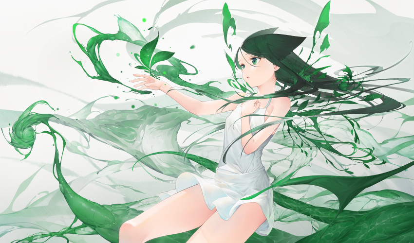 1girl absurdres bare_arms bare_shoulders breasts cg_(2686805355) commentary dress floating_hair green_eyes green_hair grey_background hair_between_eyes hand_up highres long_hair parted_bangs parted_lips saya_(saya_no_uta) saya_no_uta simple_background sleeveless sleeveless_dress small_breasts solo tentacles very_long_hair white_dress