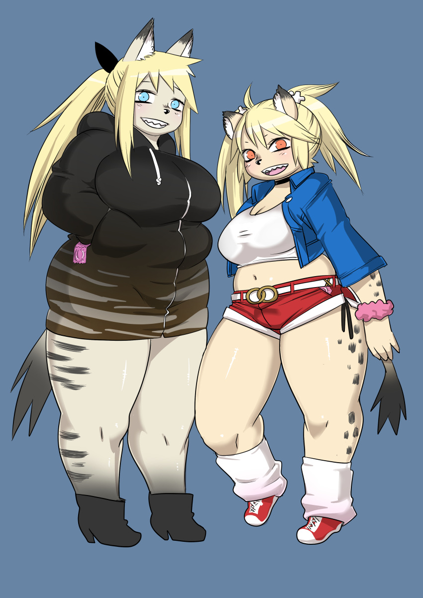 absurd_res anthro big_breasts black_clothing black_hoodie black_topwear blonde_hair blue_background blue_clothing blue_eyes blue_topwear blush blush_lines bottomwear bracelet breasts choker cleavage clothed clothing dipstick_tail duo female footwear fur grey_body grey_clothing grey_footwear grey_fur grey_shoes grey_spots grey_stripes hair hands_in_both_pockets hi_res hoodie huge_breasts hyena jewelry kjm_video looking_at_viewer mammal markings navel necklace open_mouth orange_eyes ponytail red_bottomwear red_clothing red_footwear red_shoes red_shorts sexual_barrier_device sharp_teeth shoes shorts simple_background smile socks spots spotted_hyena striped_hyena stripes tail tail_markings tan_body tan_fur teeth thick_thighs topwear white_clothing white_footwear white_socks white_topwear wide_hips