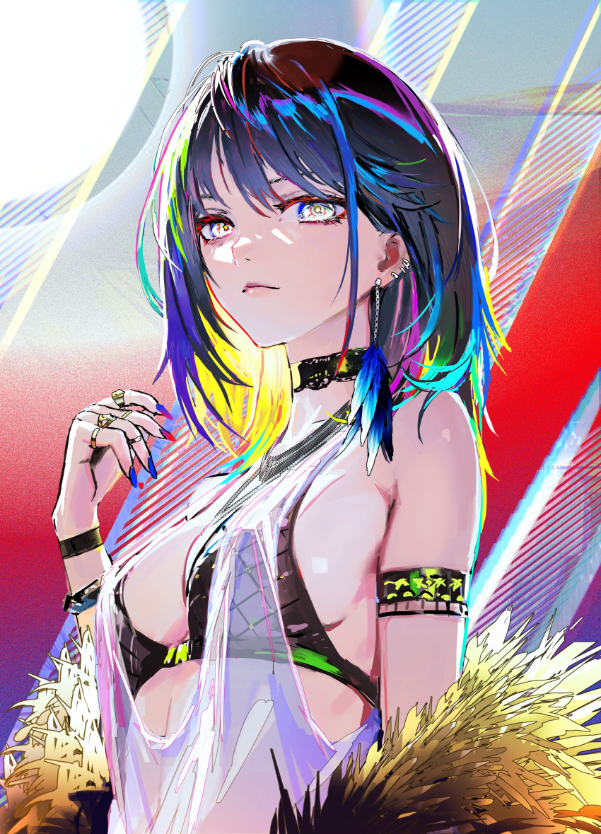 1girl absurdres black_hair breasts choker closed_mouth ear_piercing highres jewelry looking_at_viewer medium_hair multicolored_eyes multicolored_hair nababa nail_polish original piercing ring see-through short_hair small_breasts solo streaked_hair