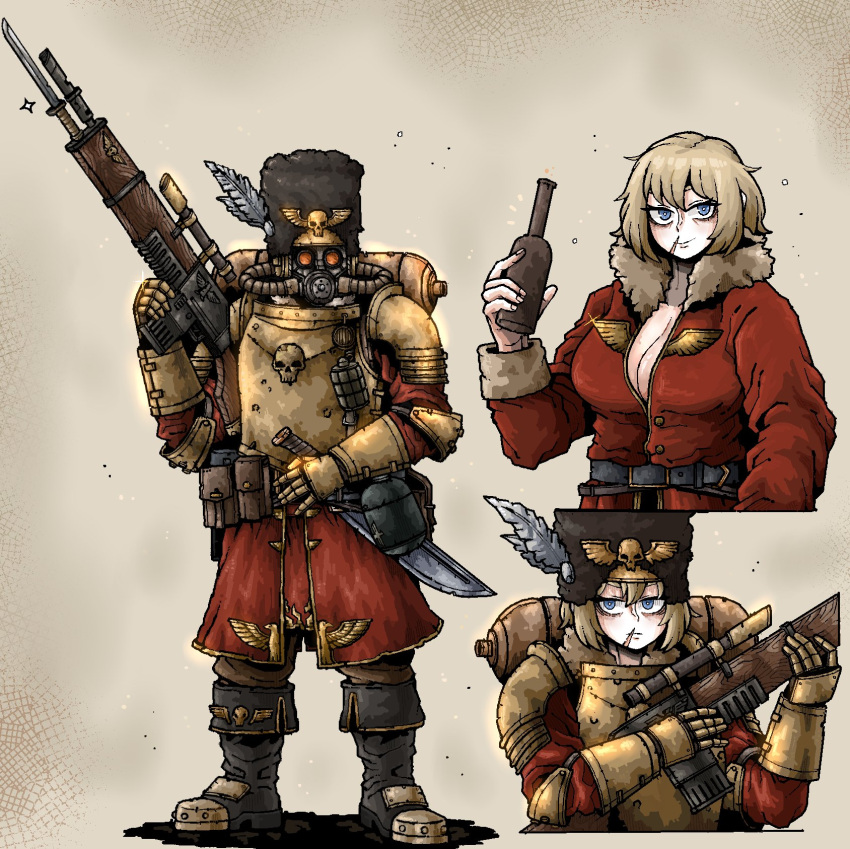 1girl ammunition_pouch armor astra_militarum bearskin_cap belt blonde_hair boots bottle breastplate breasts canteen cleavage coat explosive feathers fur_trim gas_mask gauntlets grenade gun highres knife lasgun mask military_uniform octosoup pouch rifle scar scar_on_face short_hair skull solo uniform vostroyan_firstborns warhammer_40k weapon wine_bottle