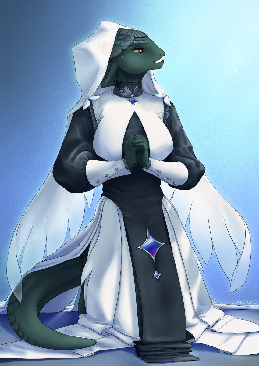 2022 absurd_res anthro black_body black_scales blue_background brown_eyes brown_sclera clothing dunoruno everquest eyebrows female green_body green_scales hand_holding hi_res iksar kneeling lizard multicolored_body multicolored_scales nun_outfit olonia praying pupils reptile scales scalie simple_background slit_pupils solo tail