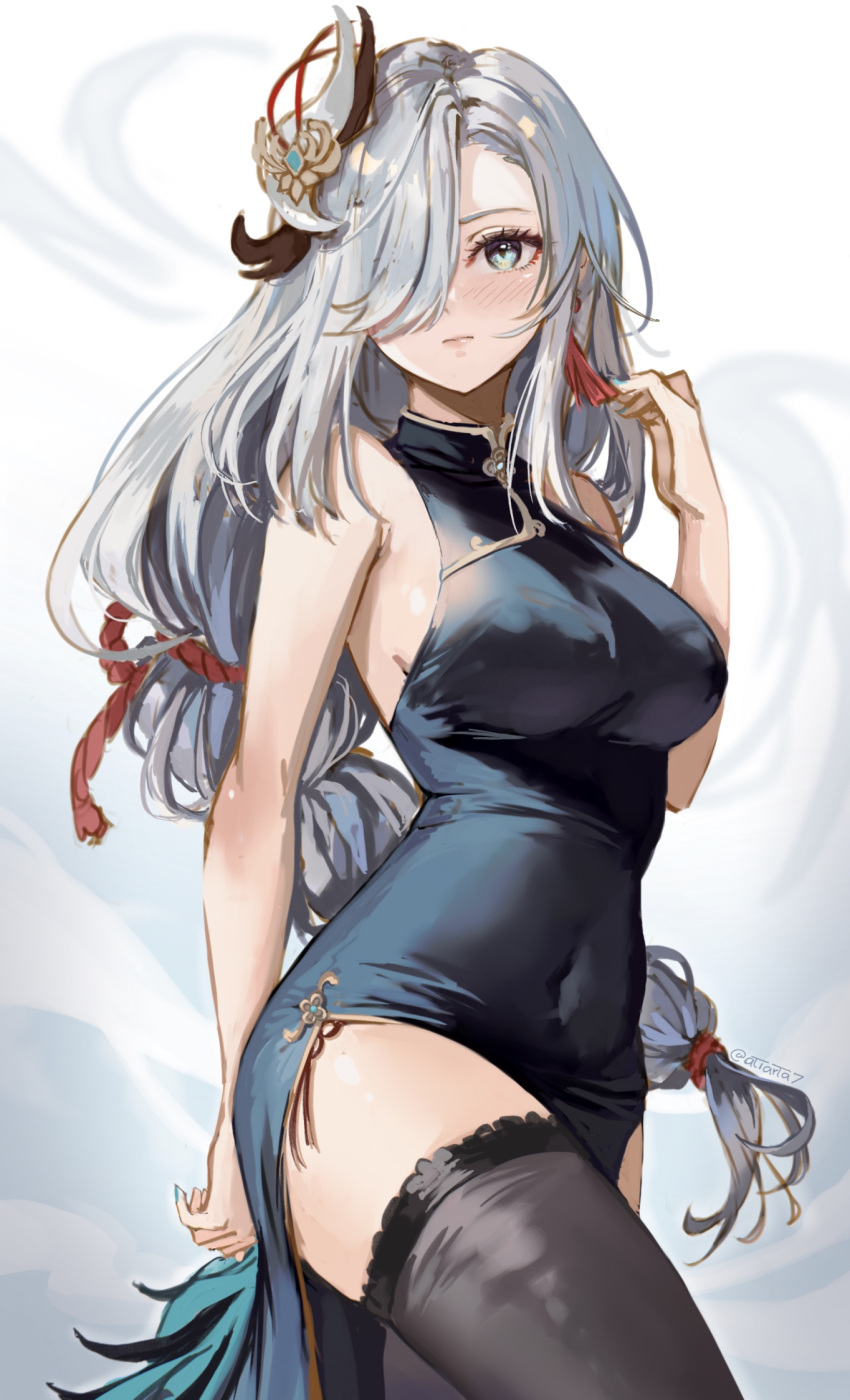 1girl arm_behind_back atiarta7 black_thighhighs blush braid breasts china_dress chinese_clothes closed_mouth commentary covered_navel cowboy_shot dress earrings genshin_impact grey_hair hair_ornament hair_over_one_eye highres jewelry large_breasts long_hair looking_at_viewer shenhe_(genshin_impact) side_slit sideboob sleeveless sleeveless_dress solo tassel tassel_earrings thighhighs twitter_username