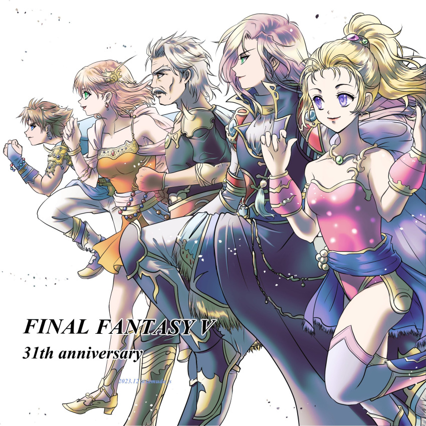 2boys 3girls anniversary armor ascot bare_shoulders bartz_klauser black_coat blonde_hair boots breasts brown_hair closed_mouth coat crossdressing dated earrings facial_hair faris_scherwiz final_fantasy final_fantasy_v galuf_halm_baldesion green_eyes grey_hair highres jewelry knee_pads krile_mayer_baldesion_(ff5) lenna_charlotte_tycoon leotard long_hair medium_breasts multiple_boys multiple_girls mustache muted_color orange_tunic pants parted_bangs parted_lips pink_hair pink_leotard ponytail profile purple_eyes purple_hair running short_hair shoulder_armor shoulder_spikes sirotuka_lambda smile spikes thighhighs w_arms white_ascot white_pants white_thighhighs
