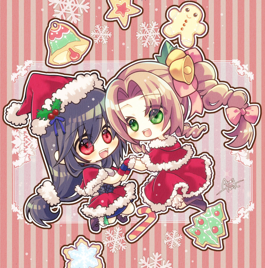 2girls aerith_gainsborough alternate_costume arestear0701 artist_name bell black_hair bow braid braided_ponytail brown_hair candy candy_cane capelet chibi christmas christmas_tree final_fantasy final_fantasy_vii final_fantasy_vii_ever_crisis final_fantasy_vii_remake food full_body fur-trimmed_capelet fur-trimmed_gloves fur-trimmed_headwear fur_trim gingerbread_man gloves green_eyes hair_bell hair_between_eyes hair_bow hair_ornament hair_tie hat highres holding_hands long_hair low-tied_long_hair mistletoe multiple_girls official_alternate_costume open_mouth parted_bangs pink_bow red_capelet red_eyes red_headwear red_skirt santa_costume santa_hat sidelocks single_braid skirt smile snowflakes star_(symbol) striped striped_background tifa_lockhart