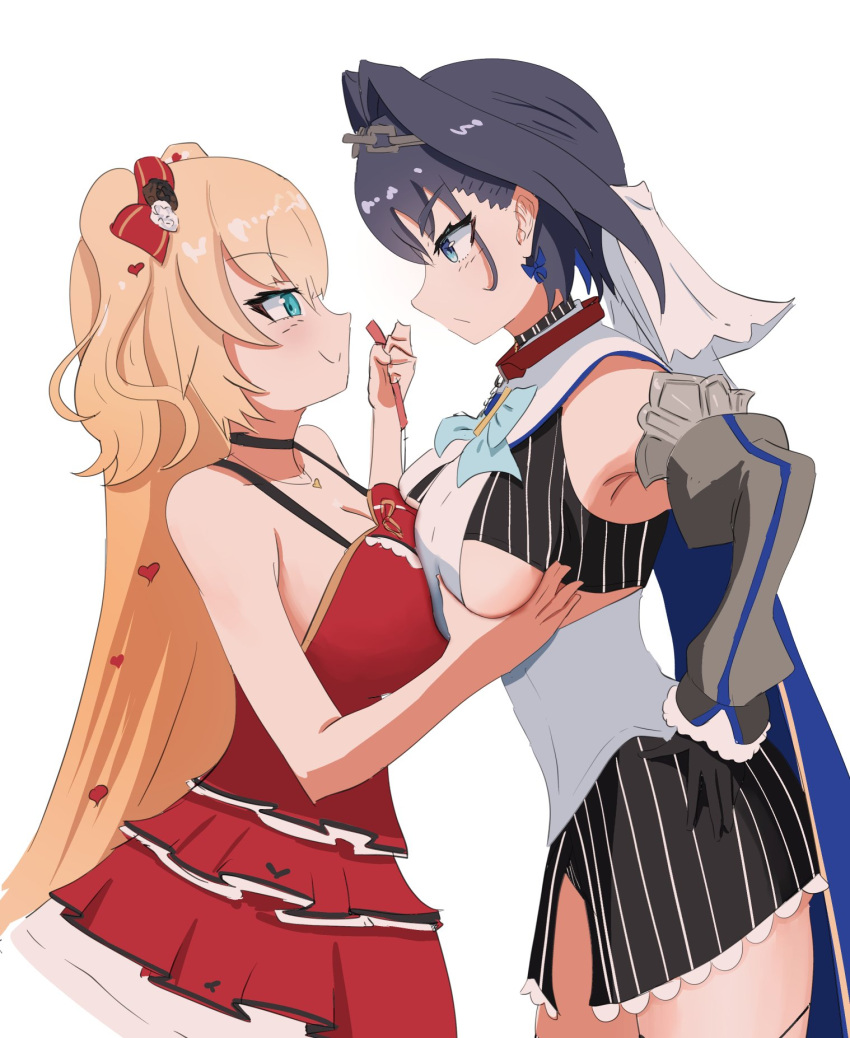 2girls akai_haato akai_haato_(5th_costume) angelchama asymmetrical_docking black_choker black_dress black_hair blonde_hair blue_eyes blue_hair bow bow_earrings breast_press breasts choker cleavage detached_sleeves dress earrings grabbing grabbing_another's_breast hair_bow hair_ornament head_chain heart heart_hair_ornament highres hololive hololive_english jewelry large_breasts looking_at_another multiple_girls official_alternate_costume ouro_kronii ouro_kronii_(1st_costume) red_bow red_dress shirt sleeveless sleeveless_shirt smile two_side_up virtual_youtuber white_shirt