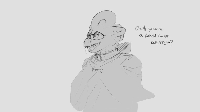 anthro cape clothed clothing collar digital_media_(artwork) dumliz ears_back english_text half-length_portrait hi_res horn kobold lizard lizetor male mammal monochrome pivoted_ears portrait reptile scalie side_view simple_background sketch smile smug smug_face solo text white_background