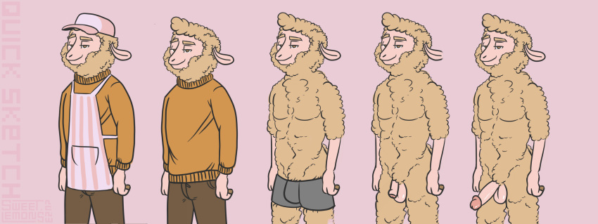 2023 absurd_res anthro apron balls bedroom_eyes bottomless bottomwear bovid boxers_(clothing) boxers_only brown_bottomwear brown_clothing brown_topwear bulge caprine clothed clothing digital_drawing_(artwork) digital_media_(artwork) digital_painting_(artwork) disney domestic_sheep erection eyebrows fingers flaccid fluffy fur gareth_(zootopia) genitals half-closed_eyes hat headgear headwear hi_res hooved_fingers hooves humanoid_genitalia humanoid_penis light_body long_ears looking_at_viewer male mammal mostly_nude narrowed_eyes nude orange_eyes pants partially_clothed penis pink_background seductive sexy_eyes sheep signature simple_background simple_coloring simple_eyes smile solo standing sweater sweet.lemons tan_body thick_eyebrows topless topwear underwear underwear_only wool_(fur) zootopia