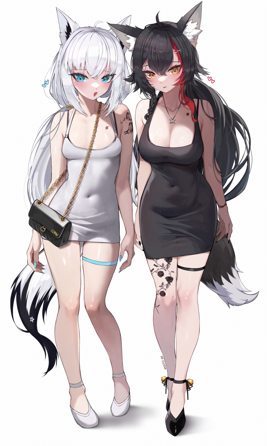 2girls absurdres ahoge animal_ear_fluff animal_ears arm_tattoo bag bell black_bag black_dress black_footwear black_hair black_nails blue_eyes blue_nails blush bracelet braid breasts butterfly_tattoo chest_tattoo collarbone commentary covered_navel dot_nose dress eyeshadow fang fingernails flower_tattoo fox_ears fox_girl fox_tail full_body hair_between_eyes hair_ornament hairpin handbag heart high_heels highres hololive jewelry kkato large_breasts leg_tattoo legs long_hair looking_at_viewer low_ponytail makeup multicolored_hair multiple_girls multiple_hairpins nail_polish ookami_mio open_mouth red_eyeshadow red_hair shirakami_fubuki side_braid simple_background single_braid skin_fang small_breasts standing star_tattoo streaked_hair tail tattoo thigh_strap twintails virtual_youtuber white_background white_dress white_footwear white_hair wolf_ears wolf_girl wolf_tail yellow_eyes