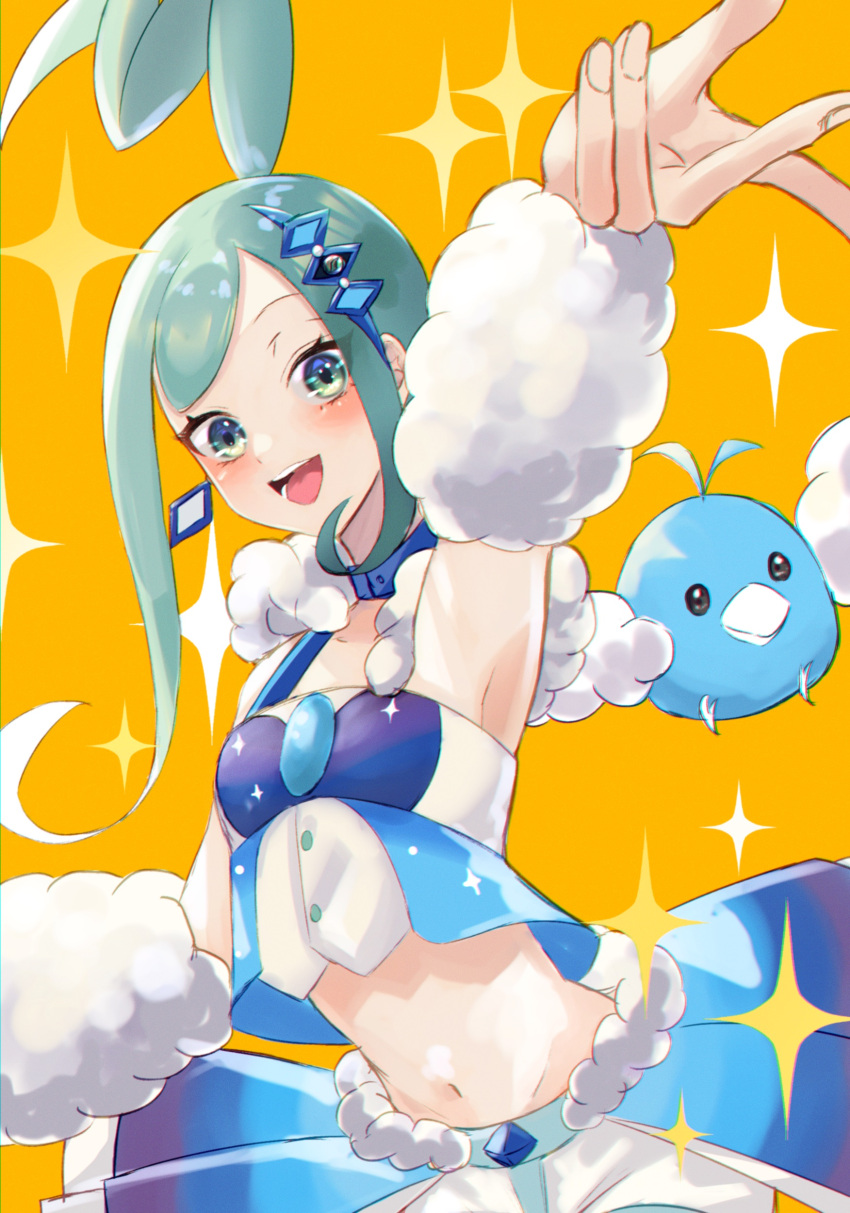 1girl absurdres aqua_eyes aqua_hair armpits bird black_eyes blue_skin colored_skin commentary_request eyelashes highres lisia_(pokemon) long_hair looking_at_viewer midriff navel open_mouth pokemon pokemon_(creature) pokemon_oras simple_background smile sparkle ssn_(sasa8u9r) swablu teeth upper_teeth_only wings yellow_background