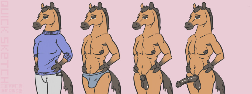 2023 absurd_res animal_genitalia animal_penis anthro balls bedroom_eyes big_balls bottomless bottomwear brown_body bulge clothed clothing dark_hair denim denim_bottomwear denim_clothing digital_drawing_(artwork) digital_media_(artwork) digital_painting_(artwork) equid equine equine_genitalia equine_penis erection fingers genitals grey_clothing hair half-closed_eyes hands_on_hips hi_res hooved_fingers hooves horse jeans looking_at_viewer male mammal mane monotone_body mostly_nude narrowed_eyes nipples nude panties pants partially_clothed penis pink_background pubes purple_clothing seductive sexy_eyes signature simple_background simple_coloring simple_eyes smile solo standing sweater sweet.lemons thick_neck topless topwear turtleneck underwear underwear_only