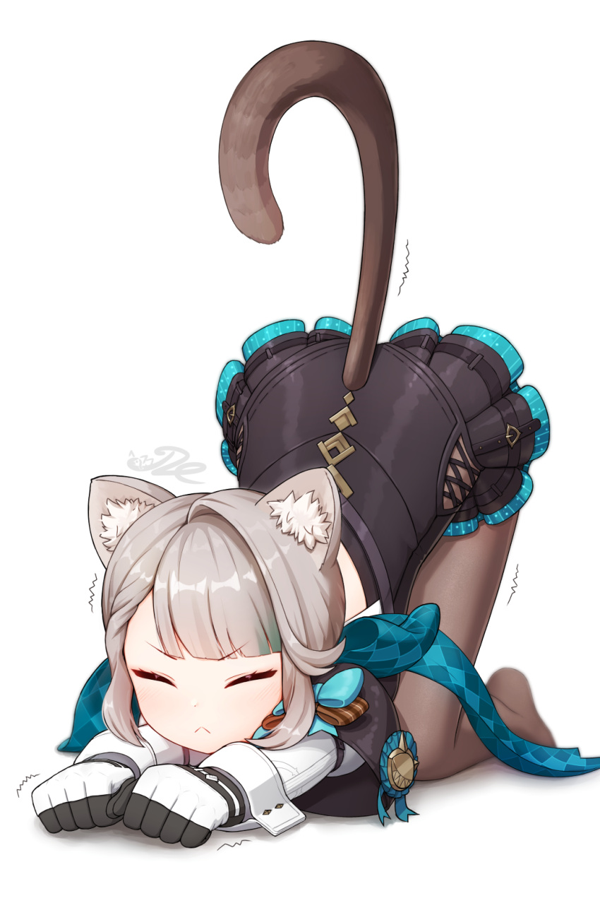 1girl all_fours animal_ear_fluff animal_ears aqua_bow black_pantyhose black_thighhighs blush bow cat_ears cat_girl cat_stretch cat_tail closed_eyes closed_mouth commentary_request downward_dog frilled_leotard frills genshin_impact gloves grey_hair highres j2l leotard long_sleeves lynette_(genshin_impact) miniskirt pale_skin pantyhose simple_background skirt solo stretching tail thighhighs top-down_bottom-up two-tone_gloves white_background