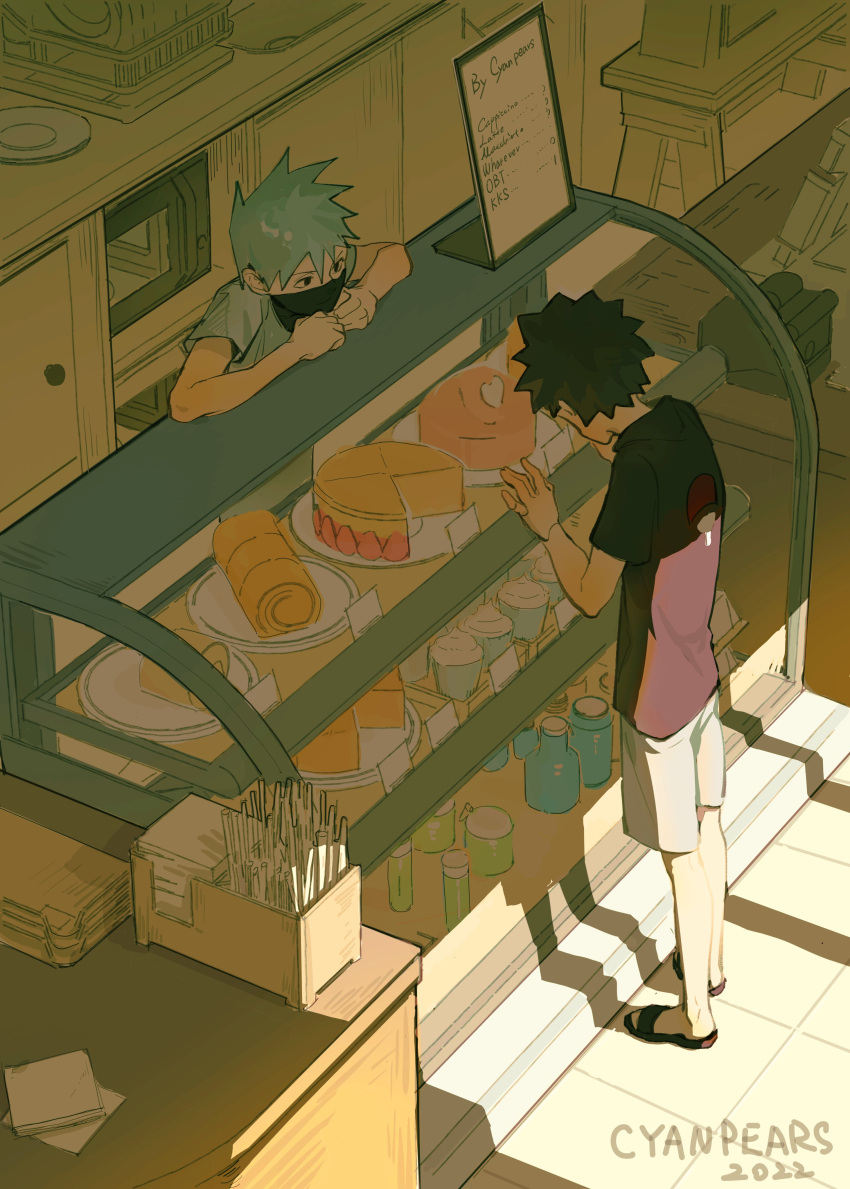 2boys absurdres aged_down bakery black_eyes black_hair black_mask black_shirt bottle cake counter cyanpears drinking_straw food full_body hand_on_glass hatake_kakashi highres indoors looking_at_another male_focus menu_board multiple_boys napkin naruto naruto_(series) pastry plate sandals shirt shop short_hair shorts spiked_hair sunlight uchiha_obito white_hair white_shorts