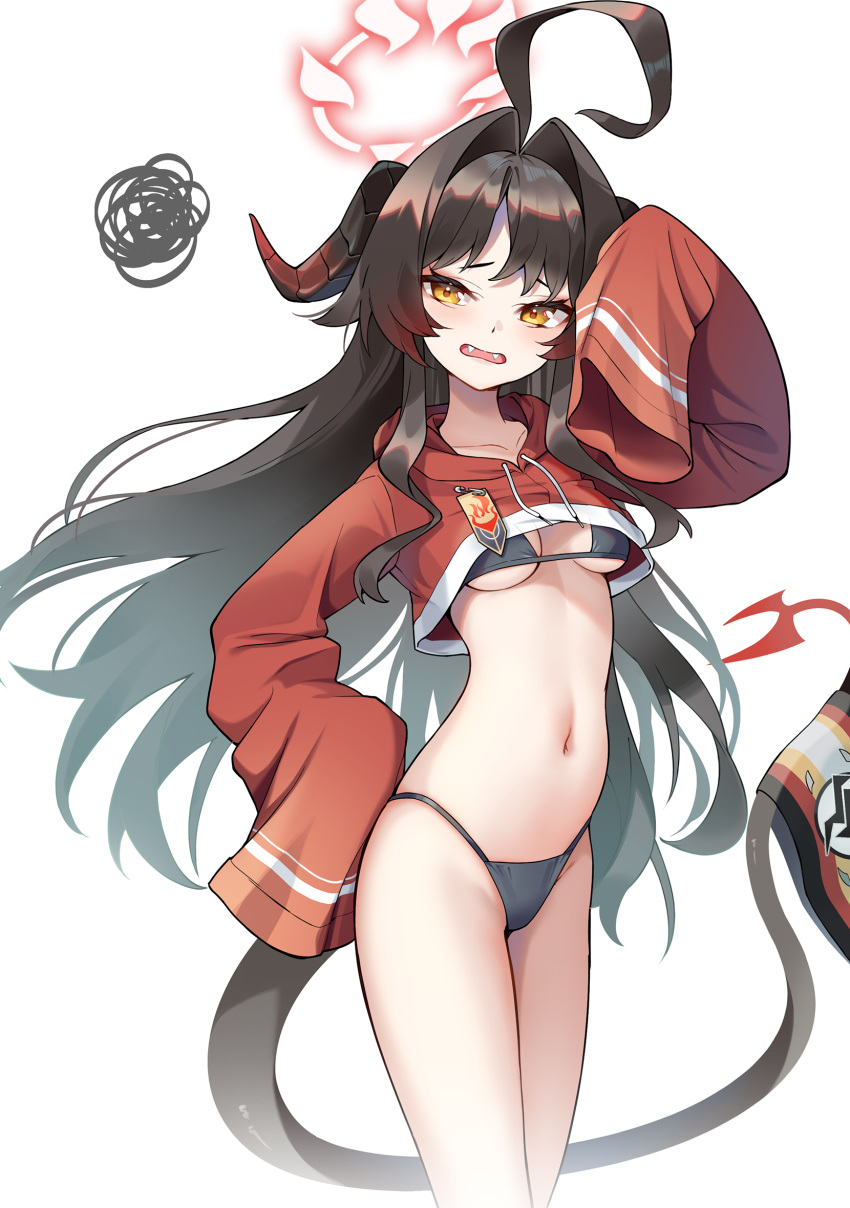 1girl ahoge alternate_costume bikini black_bikini black_hair blue_archive blush breasts cropped_hoodie demon_horns demon_tail fangs hair_intakes halo highres hood hoodie horns huge_ahoge japanese_clothes kasumi_(blue_archive) long_hair looking_at_viewer mayoichi miko navel petite red_hoodie simple_background sleeves_past_fingers sleeves_past_wrists small_breasts solo squiggle stomach swimsuit tail underboob very_long_hair white_background