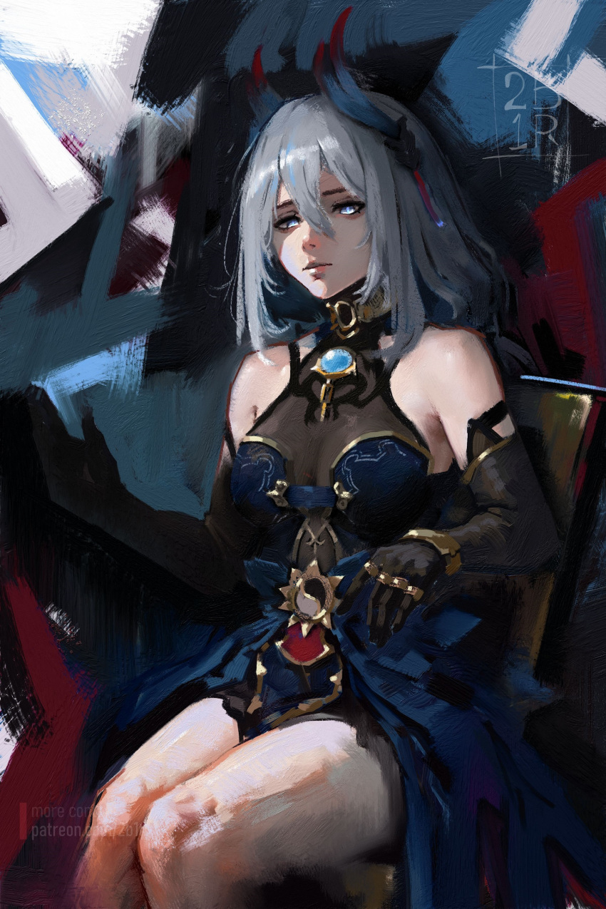 1girl absurdres artist_name bare_shoulders blue_gemstone breasts brooch chair chinese_clothes choker cleavage closed_mouth commentary detached_sleeves faux_traditional_media gem gloves grey_eyes grey_hair hair_between_eyes hair_ornament hanya_(honkai:_star_rail) highres honkai:_star_rail honkai_(series) impasto jewelry long_hair looking_at_viewer painterly ravine_bells sitting solo thighs