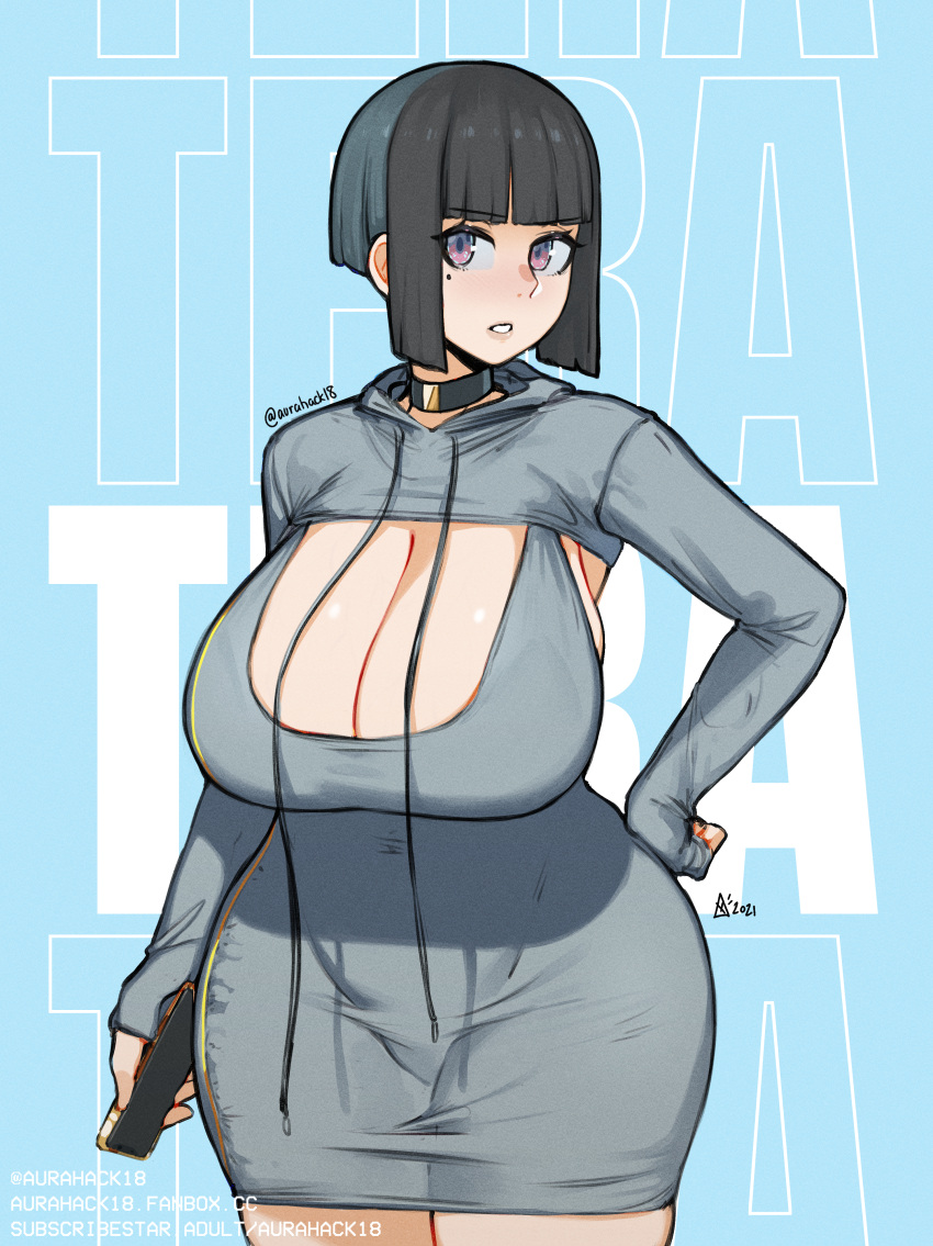 1girl absurdres aurahack black_hair blue_background blunt_bangs breasts cellphone character_name cleavage cleavage_cutout clothing_cutout collar cowboy_shot curvy drawstring fanbox_username film_grain hand_on_own_hip highres huge_breasts lips looking_at_viewer medium_hair mole mole_under_eye original phone purple_eyes shadow sidelocks sleeves_past_wrists smartphone solo straight_hair subscribestar_username tera_(aurahack) thick_thighs thighs twitter_username web_address wide_hips