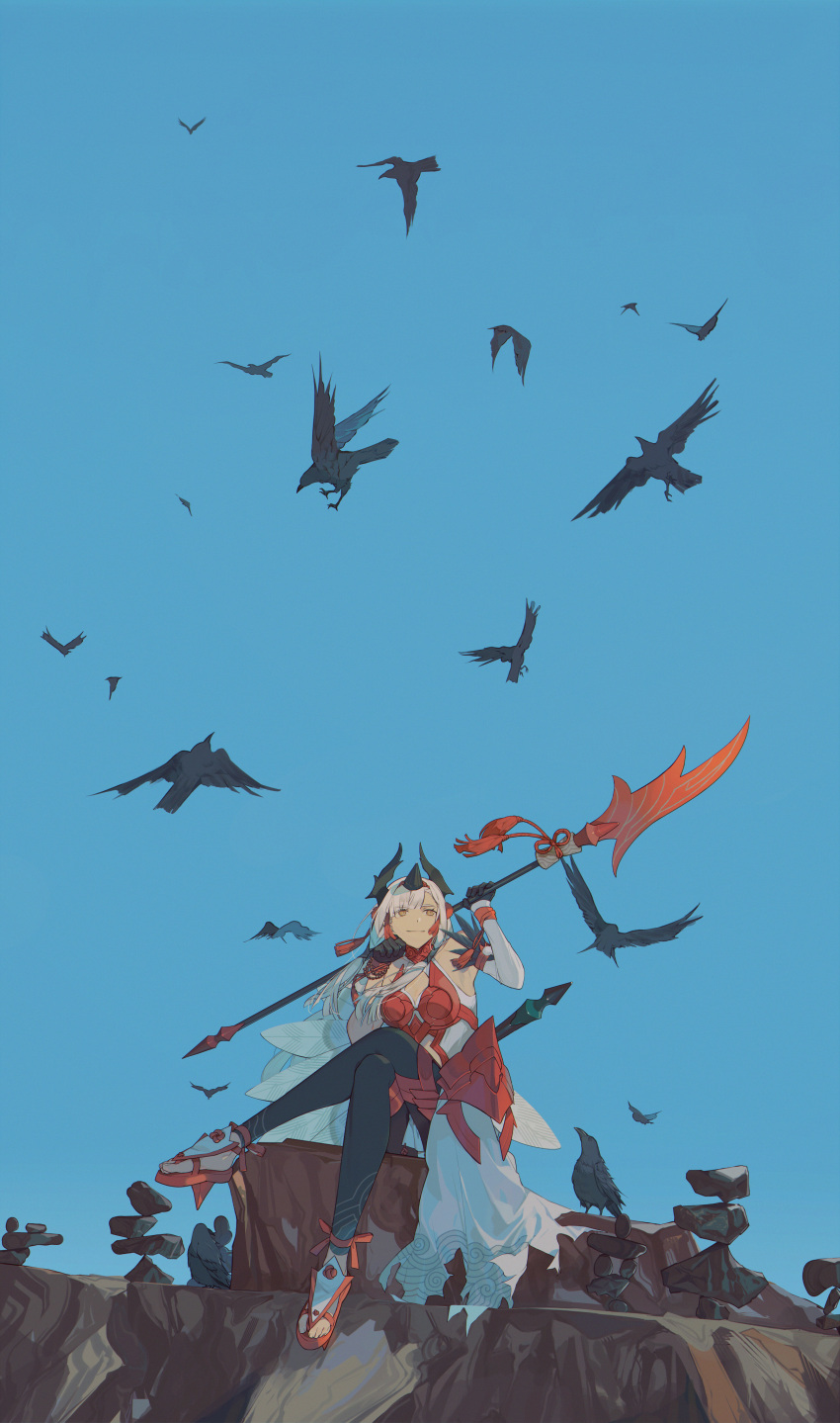 1girl absurdres armor armored_dress bird black_bird black_gloves black_leggings blue_sky clear_sky crow fate/grand_order fate_(series) flock geta gloves highres holding holding_polearm holding_weapon horns kiichi_hougen_(fate) leggings orange_eyes polearm red_armor rock sitting sky sleeveless smile solo tassel tengu-geta touka_(dokoka_me) weapon white_hair