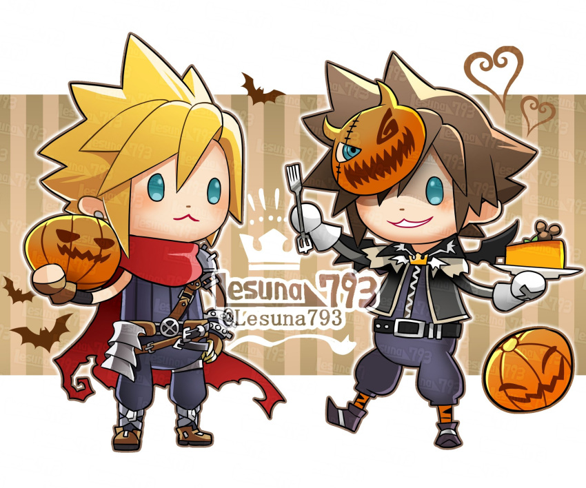 2boys :3 aqua_eyes armor artist_name black_footwear black_jacket black_shorts blonde_hair blue_pants blue_shirt boots brown_footwear brown_hair cake cake_slice chibi cloak cloud_strife final_fantasy final_fantasy_vii food food-themed_hair_ornament fork gloves hair_between_eyes hair_ornament hair_over_one_eye highres holding holding_food holding_fork jack-o'-lantern jack-o'-lantern_hair_ornament jacket kingdom_hearts lesuna letterboxed looking_at_another male_focus multiple_boys official_alternate_costume pants pointy_footwear pumpkin_hair_ornament red_cloak shirt short_hair shorts shoulder_armor sleeveless sleeveless_turtleneck sora_(kingdom_hearts) spiked_hair the_nightmare_before_christmas torn_cloak torn_clothes turtleneck twitter_username white_gloves