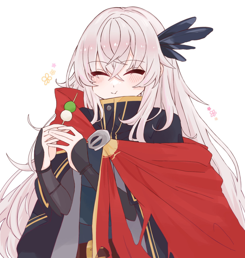 1girl cape closed_eyes dango dpw6p39pwizgzdz eating fate/grand_order fate_(series) feather_hair_ornament feathers food grey_hair hair_ornament highres long_hair red_cape saika_magoichi_(fate) sanshoku_dango skewer wagashi white_background